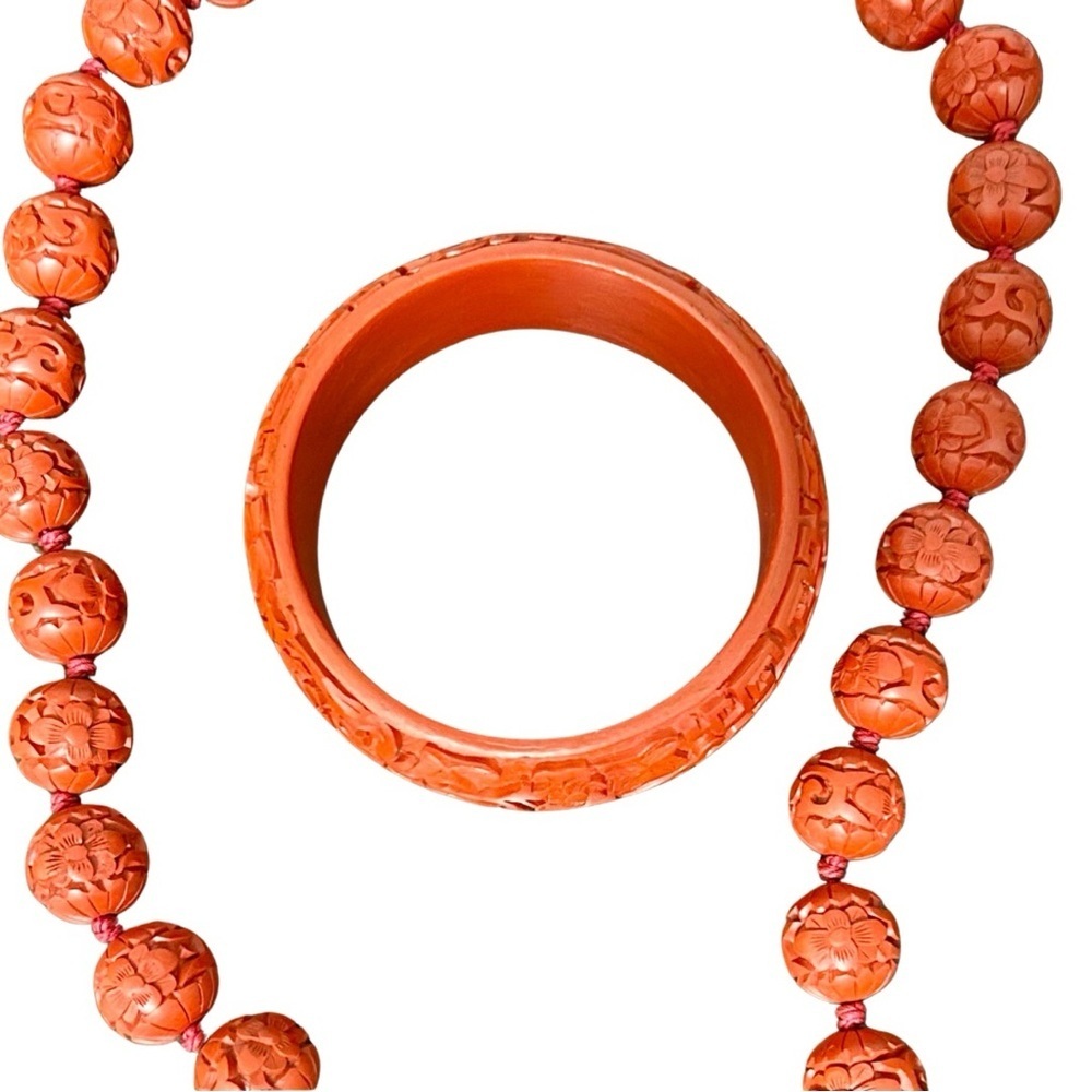 Vintage Chinese Hand Carved Cinnabar Shou longevity beads necklace & bracelet